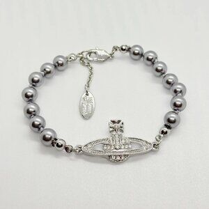 Vivienne Westwood White Faux Pearl Lucrece Mayfair Bas Relief Silver Bracelet